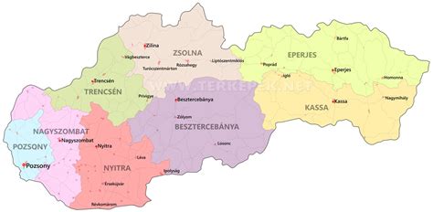 Szlovákiai térkép főbb régiókkal