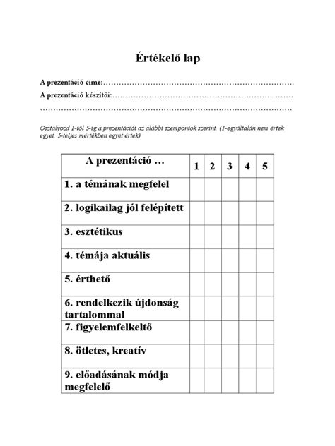 Vendéglátóhely értékelő lap
