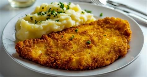 Rántott hús tálalva, krumplipürével