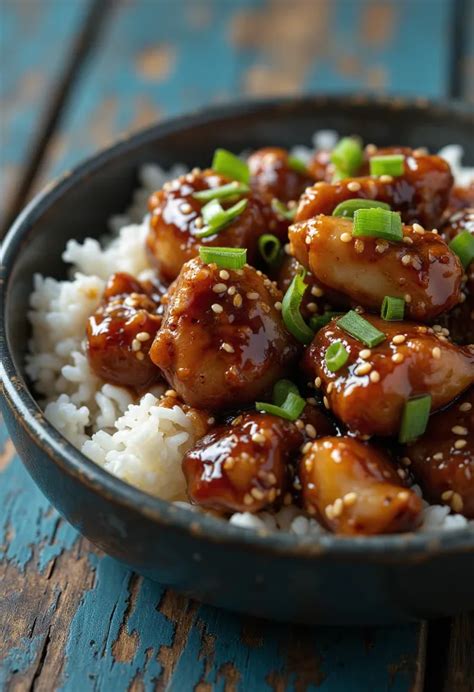 Friss teriyaki csirke üvegtésztával tálalva, szezámmaggal és zöldhagymával megszórva