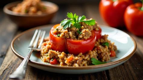 Töltött paprika burgonyával tálalva