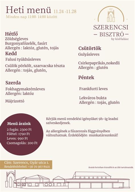 A Brill Bisztró étlapjának egy része, különleges fogásokkal
