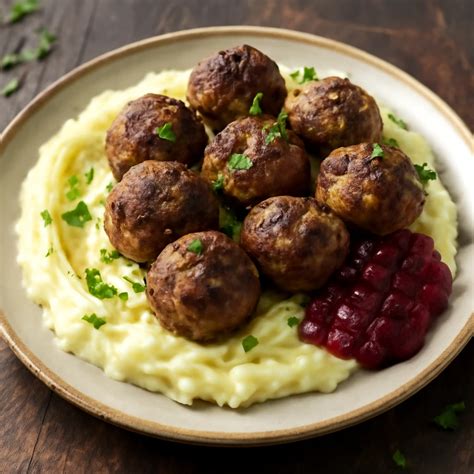Svéd zöldséggolyók tálalva áfonyalekvárral és krumplipürével