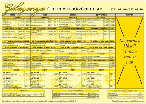 Példa magyaros és olaszos ételekre egy étlapon