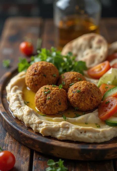 Frissen sült falafel golyók friss zöldségekkel és humusszal tálalva