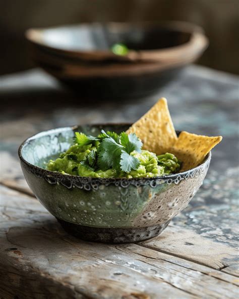 Tál tortilla chipsek, egy kis tálban friss salsa, mellette guacamole