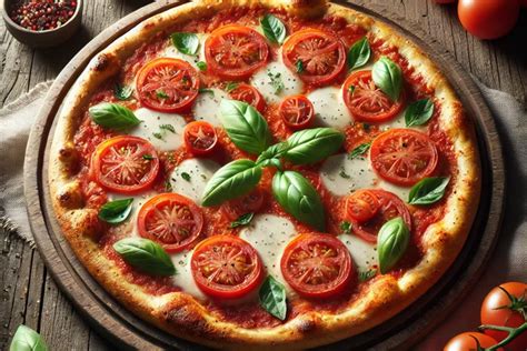 Paradicsommal és bazsalikommal díszített friss pizza