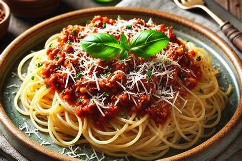 Friss alapanyagokból készült bolognai spagetti, gazdag szósszal tálalva