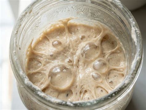 Sourdough starter in a glass jar with bubbles
