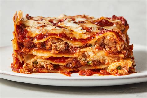 Close-up of baked lasagne layers