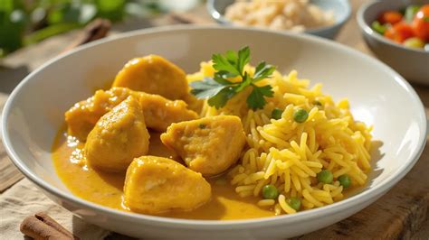 Fűszeres csirke curry tálalva rizzsel