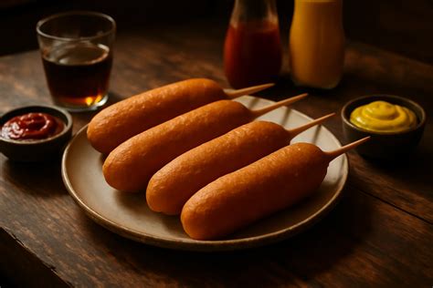 Corn dog tálalva, ketchup és mustár kíséretében