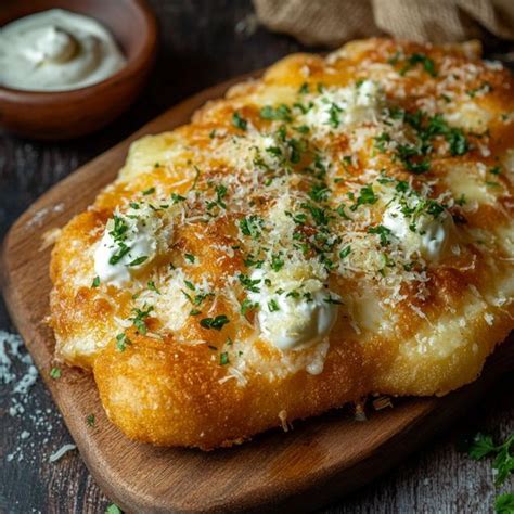 Frissen sült airfryer lángos fokhagymás-tejfölös öntettel és reszelt sajttal