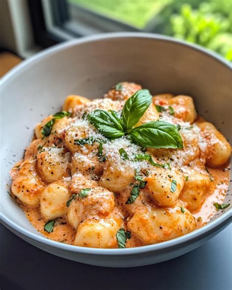 Plate of gnocchi with tomato sauce and basil