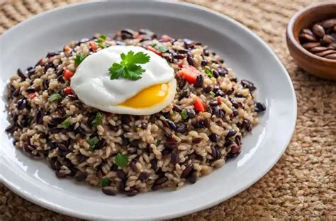 Gallo Pinto ételképe tojással és főzőbanánnal
