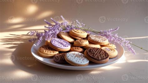 Plate of beautifully arranged lavender cookies with a cup of tea