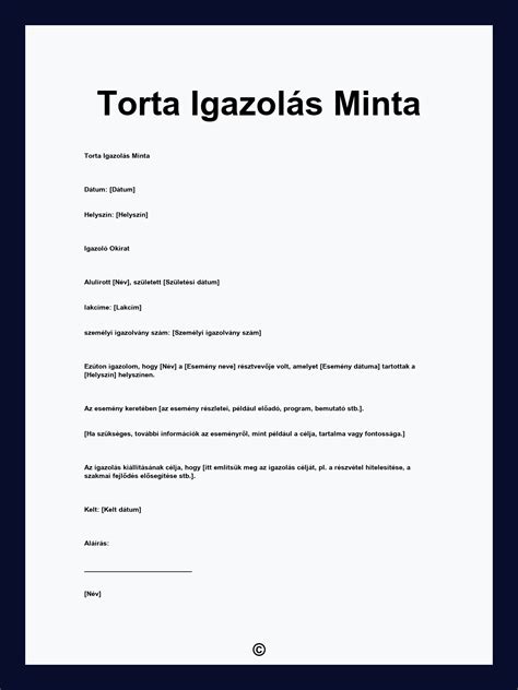 Torta igazolás kitöltési formájának példája