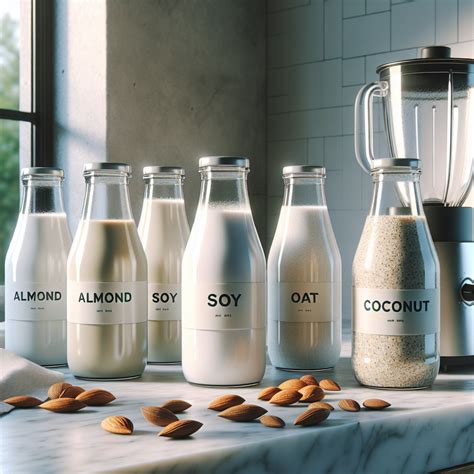 Various plant-based milk alternatives and sweeteners