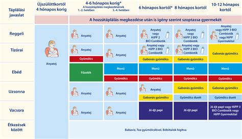 A 10-12 hónapos baba étrendjét bemutató infografika az anyatej és szilárd ételek arányával