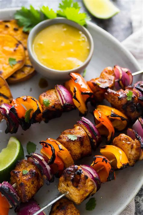 Grilled chicken skewers with dipping sauce