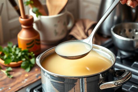 hagyományos főzési folyamat, ahogy a leves lassan gyöngyözik egy fazékban