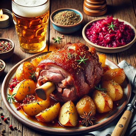 a sütőből frissen kivett, aranybarna sörös mártásban úszó csülök, amelyet friss fűszerek díszítenek