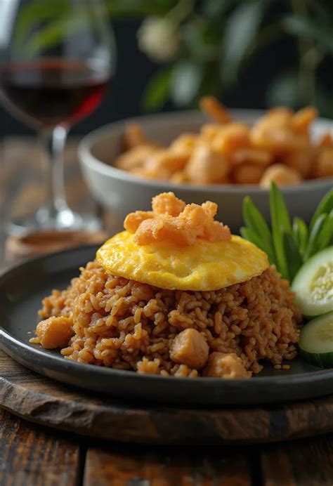 Nasi Goreng tálalva, tükörtojással és rákchips-szel