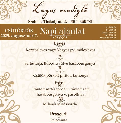 A Lugas Vendéglő napi menü kínálata