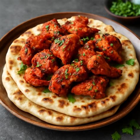 Tandoori csirke és naan kenyér, tálalva
