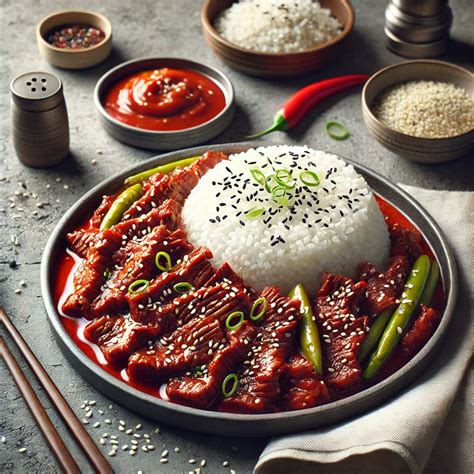 Bulgogi tálalása rizzsel és zöldségekkel