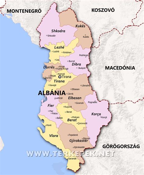 Albánia térképe gasztronómiai régiókkal