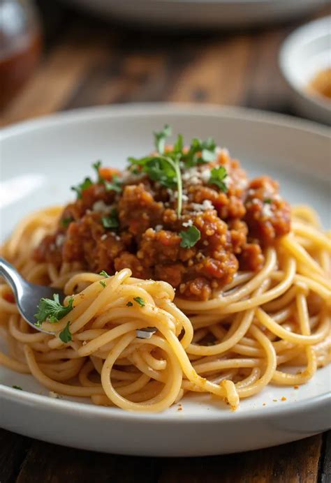 Vegán bolognai spagetti tálalva