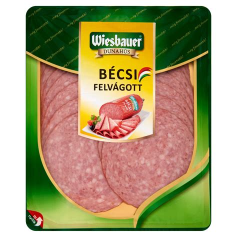 Wiesbauer Prémium bécsi sertésvirsli csomagolása és tápérték táblázata
