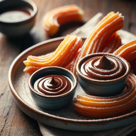 frissen sült churros csokoládéba mártva
