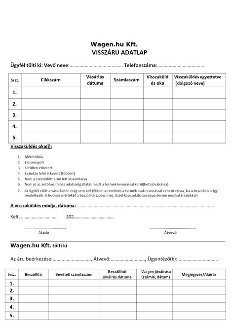 Visszaküldési űrlap minta
