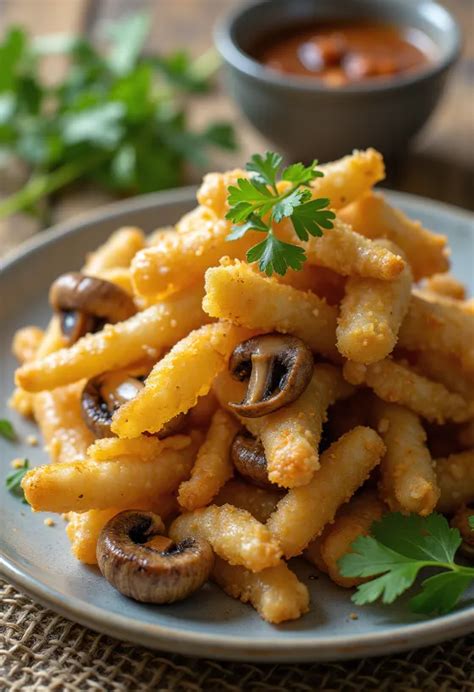 Ropogós gombás falatkák friss kakukkfűvel tálalva