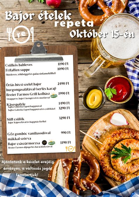 Bajor ételek válogatása, a háttérben egy sörház