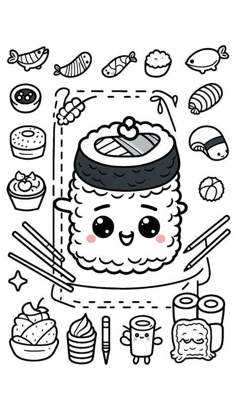 Kawaii stílusú sushi tekercsek és nigirik mosolygó arcokkal