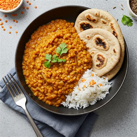 Indiai dahl tálalva rizzsel és kenyérrel