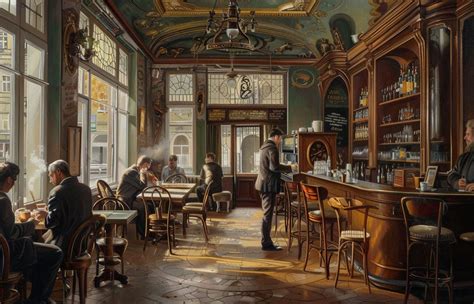 Historical photo of a bustling Pest coffee house interior