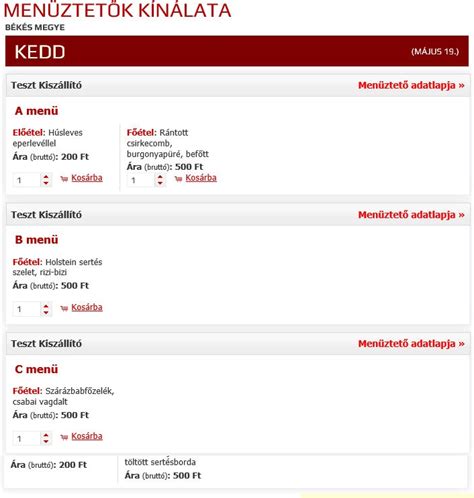 Online rendelési felület részlet