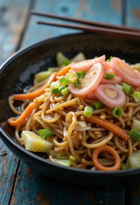 Hagyományos japán yakisoba tészta zöldségekkel és hússzal tálalva