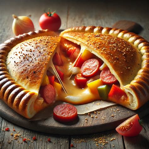 Frissen sült, aranybarna calzone, felvágva, gőzölögve