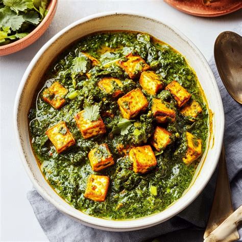 Tálalás előtt álló Saag Paneer egy tálban