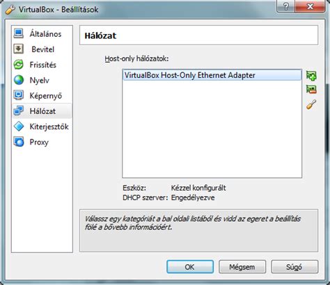 VirtualBox hálózati adapter beállítások képernyőképe