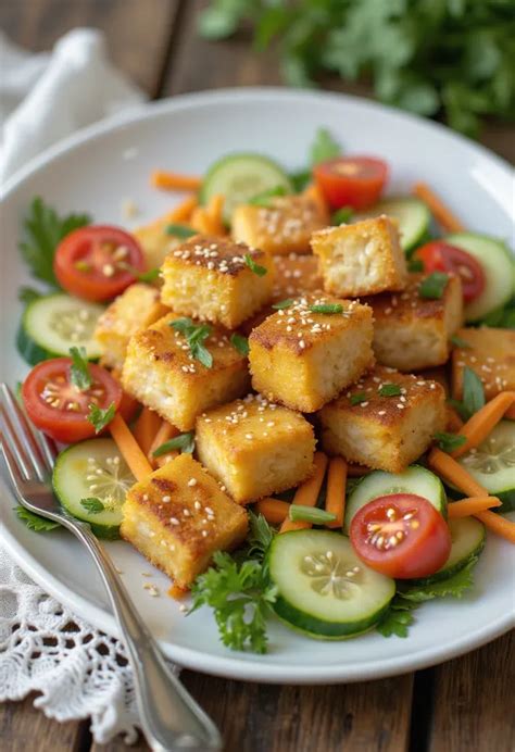 Kész sült tofu saláta tálalva
